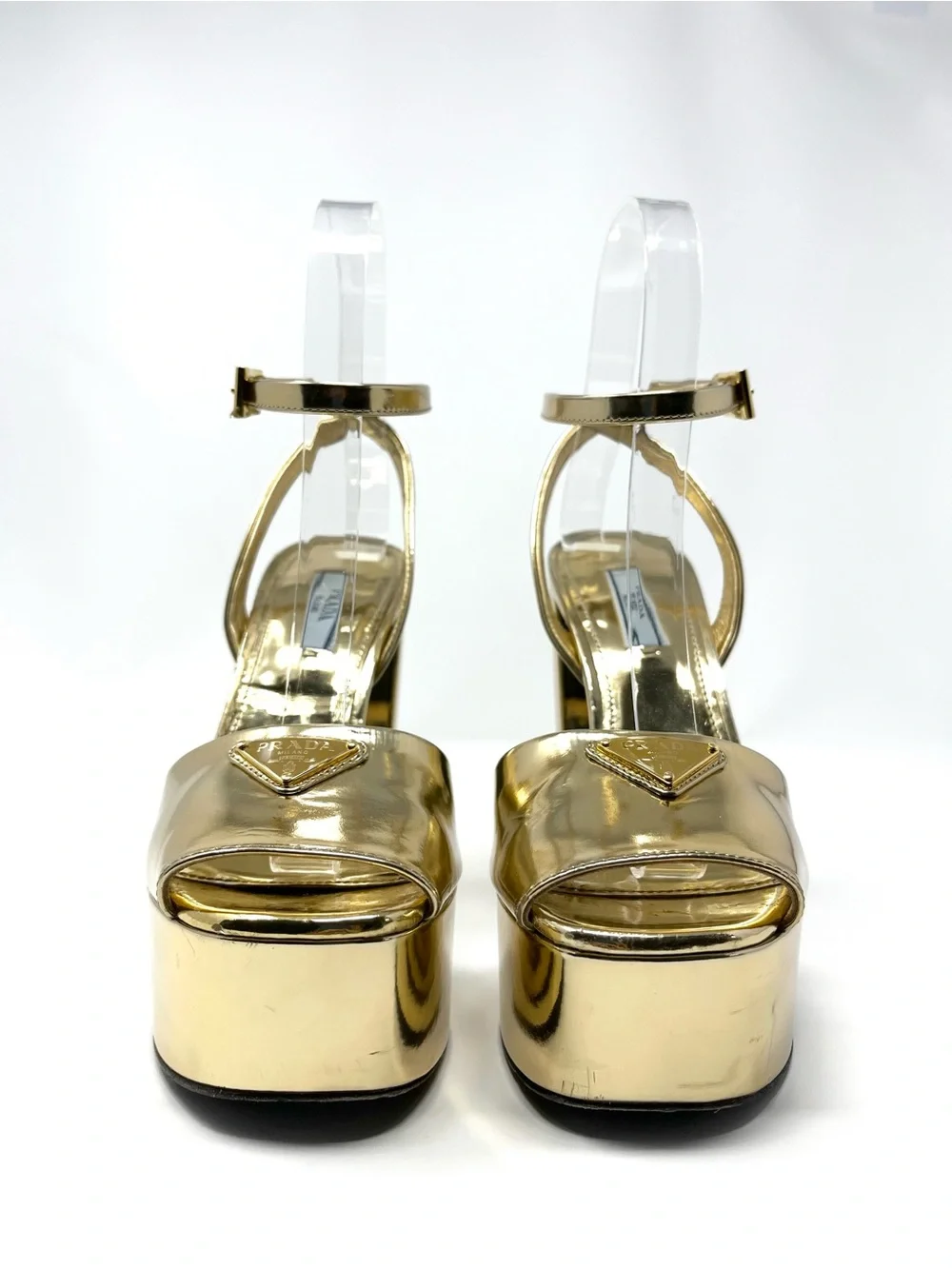 Prada Gold Metallic Leather Triangle Logo Strappy Platform Sandals Heels 36.5